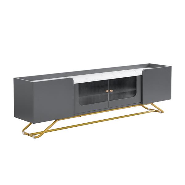 Sleek Design TV Stand with Fluted Glass, Contemporary Entertainment Center for TVs Up to 70", Faux Marble Top TV Console Table with Gold Frame Base, Grey