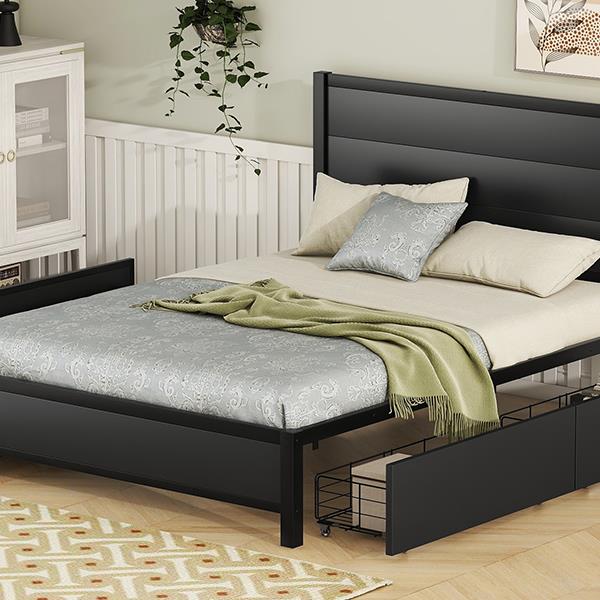 Metal Full Size Storage Platform Bed with Twin Size Trundle and 2 Drawers, Black