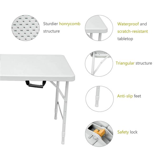 4ft Portable Folding Table Indoor&Outdoor Maximum Weight 135KG Foldable Table for Camping White