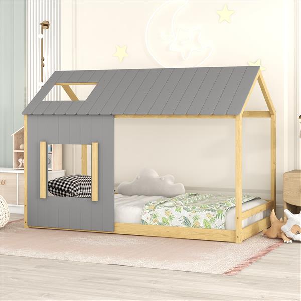 Twin Size House Bed with Roof and Window - Gray+Natural