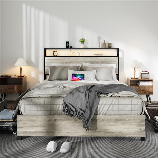 Full Size Bed Frame with 4 Storage Drawers and 2 USB Ports, Upholstered Platform Bed Frame with Storage Headboard Charging Station and metal Slat Support, No Box Spring Needed, Dark Grey.