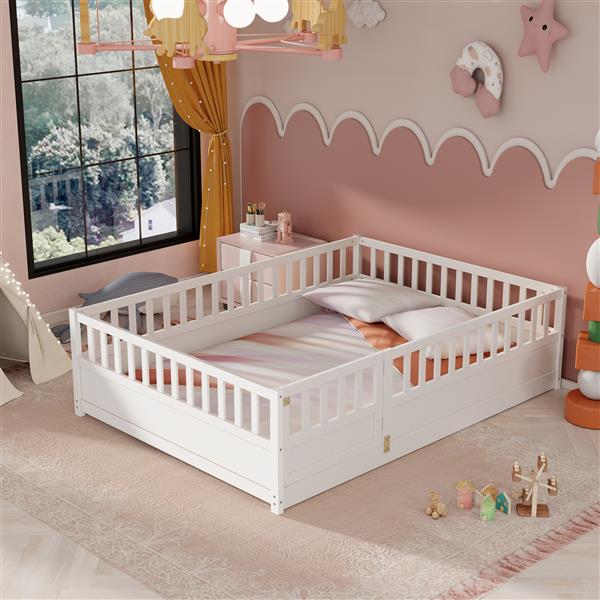 Full size  Floor bed, integral construction with super high security barrier, door, children's floor bed frame, Montessori wooden children's floor bed, white