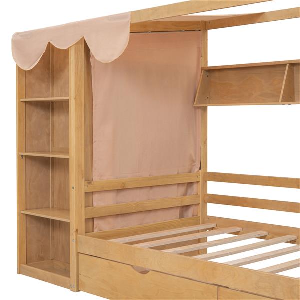 Twin size House Bed with Two Drawers and Wardrobe,Natural