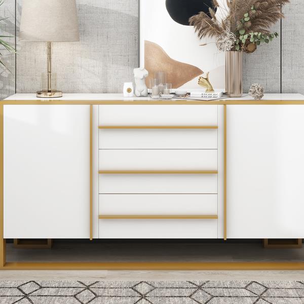 Modern Style 59"L Sideboard with Large Storage Space and Gold Metal Legs for Living Room and Entryway (White)