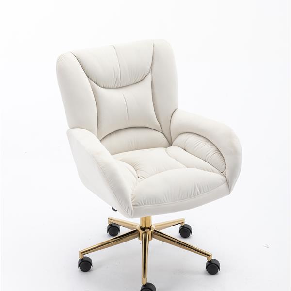 005-Velvet Fabric 360 Swivel Home Office Chair With Gold Metal Base And Universal Wheels,Ivory