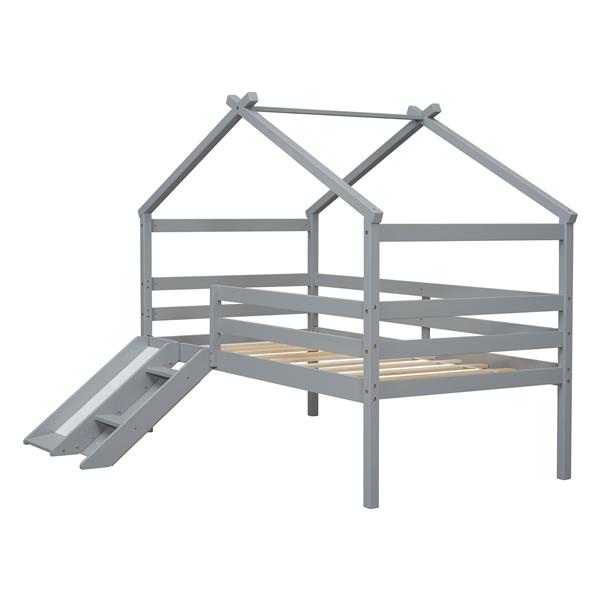 Twin Low Loft House Bed with Slide,  Ladder, Safety Guardrails, House Roof Frame,Grey