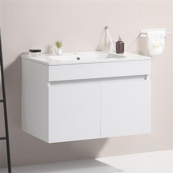 36' Wall Mounted Bathroom Vanity with White Ceramic Basin,Two Soft  Close Cabinet Doors, Solid Wood,Excluding faucets,White