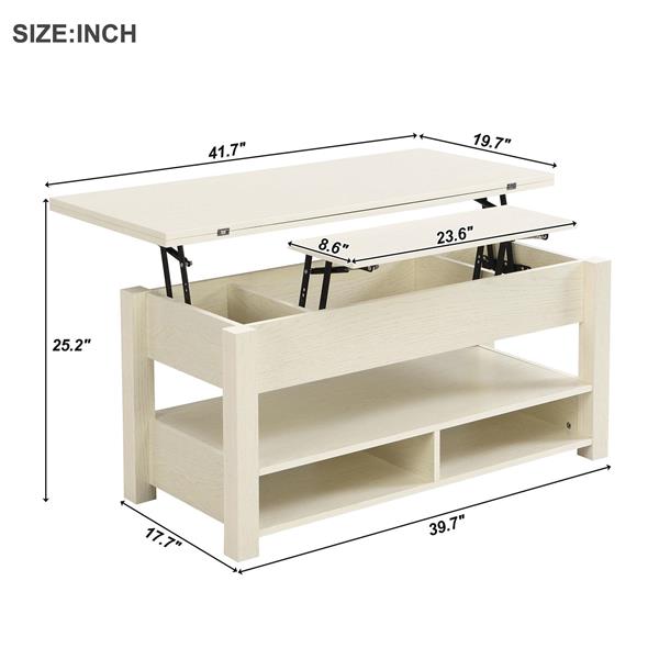 [VIDEO provided] Lift Top Coffee Table, Multi-Functional Coffee Table with Open Shelves, Modern Lift Tabletop Dining Table for Living Room, Home Office, Rustic Ivory