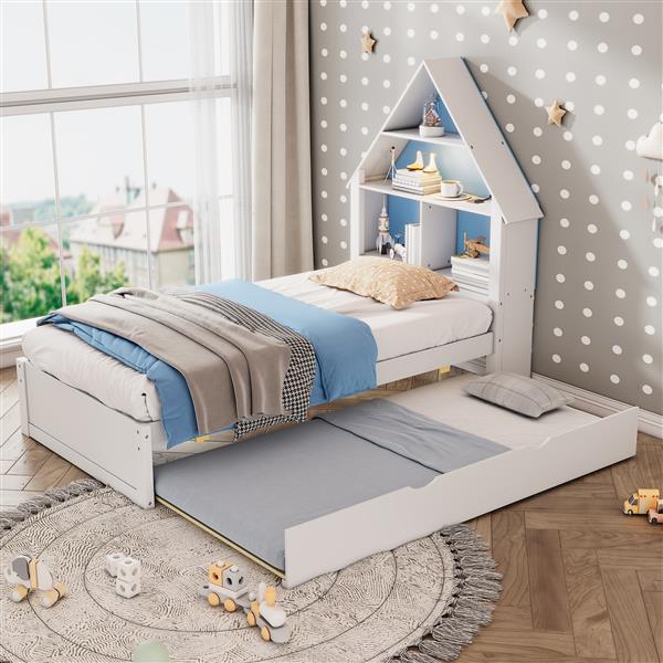 Twin Size House-Shaped Bed with Bookcase Headboard and Led Light and Twin Size Trundle for Kids Boys Girls, Blue+ White