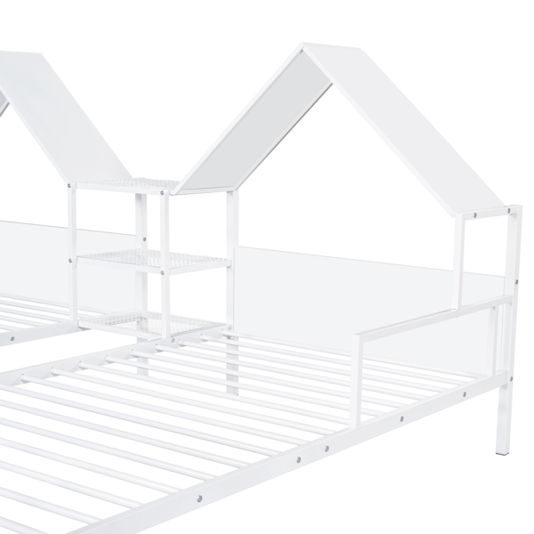 Metal Double Twin Size Platform Bed with House-shaped Headboard and a Built-in Nightstand, White