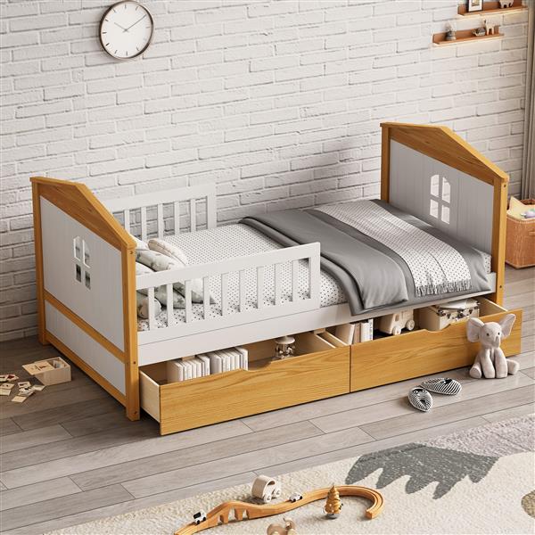 Twin Size House Shape Bed with  Two Drawers Wooden Bed for Girls Boys Teens, No Box Spring Needed, Walnut and White