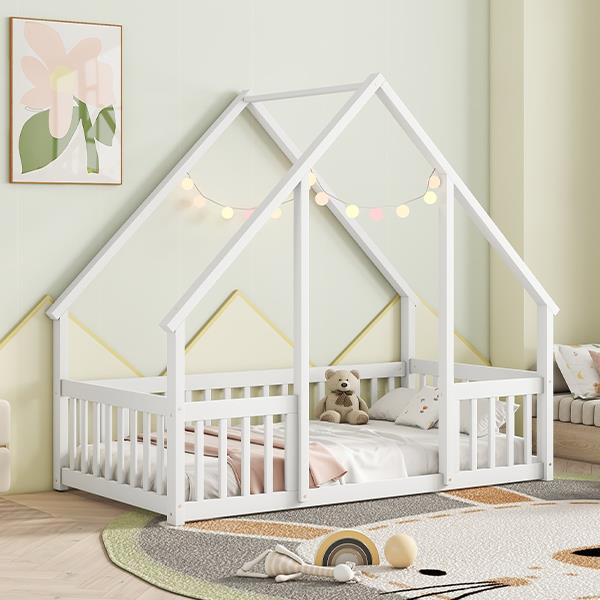 Twin Wood House-Shaped Floor Bed with Fence, Guardrails ,White