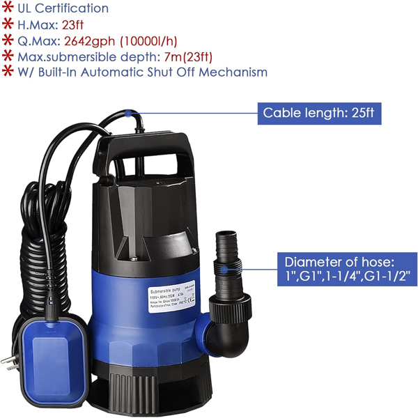 3/4HP 2642 GPH 550W Submersible Dirty Clean Water Pump Swimming Pool Pond Flood Drain Heavy Duty Water Transfer（(not shipped on weekends)