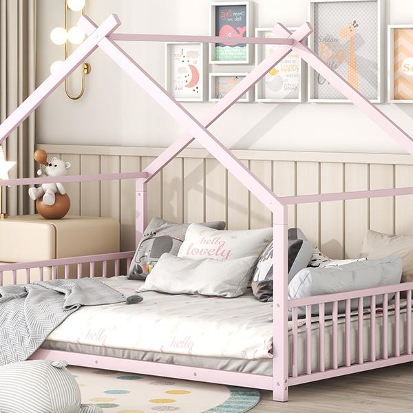 Full Size Metal House Bed, Pink