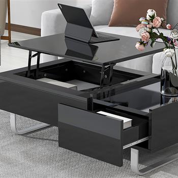 [VIDEO provided] Multi-functional Coffee Table with Lifted Tabletop, Contemporary Cocktail Table with Metal Frame Legs, High-gloss Surface Dining Table for Living Room, Black