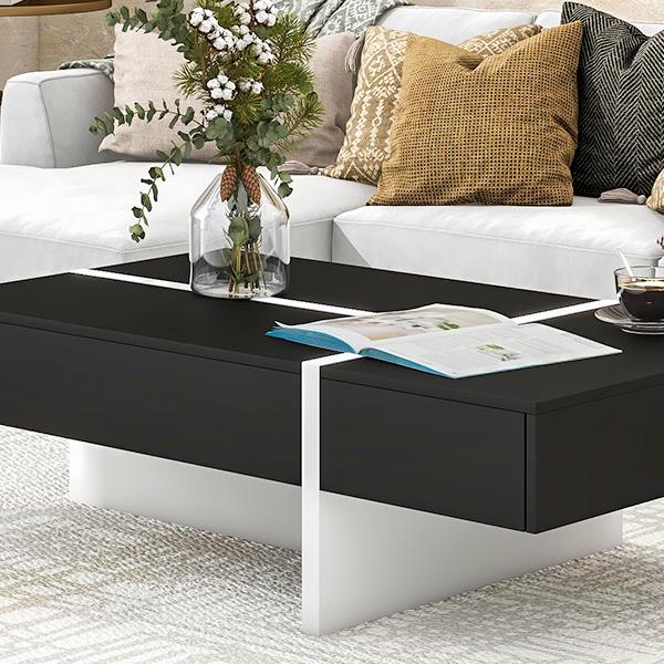 Contemporary Rectangle Design Living Room Furniture, Modern High Gloss Surface Cocktail Table, Center Table for Sofa or Upholstered Chairs, 45.2*25.5*13.7in, Black