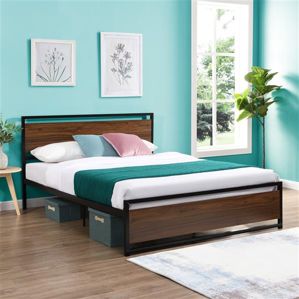 Industrial Platform Full Bed Frame/Mattress Foundation with Rustic Headboard and Footboard, Strong Steel Slat Support, No Box Spring Needed, Noise Free, Easy Assembly