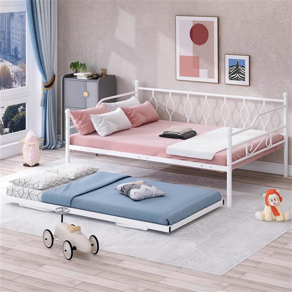 Full Size Metal Daybed with Twin Size Adjustable Trundle, Portable Folding Trundle, White