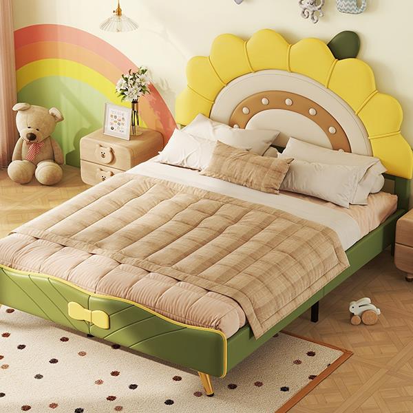 Full Size Upholstered Platform Bed with Sunflower Shaped Headboard, Green