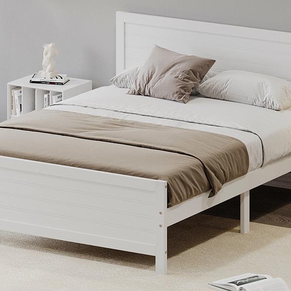 Wood Platform Bed Frame with Headboard, Mattress Foundation with Wood Slat Support, No Box Spring Needed, Queen Size, White