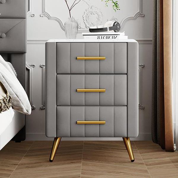 Upholstered Wooden Nightstand with 3 Drawers and Metal Legs&Handles,Fully Assembled Except Legs&Handles,Bedside Table with Marbling Worktop - Gray