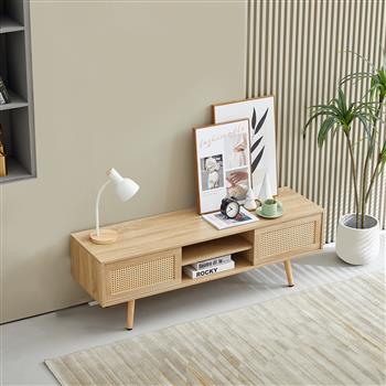 55.12\\" Rattan TV cabinet, double sliding doors for storage,  adjustable shelf, solid wood legs, TV console for living room ,natural