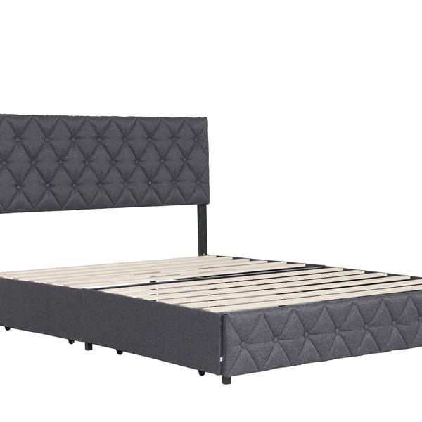 Queen Size Upholstered Platform Bed Frame with 4 Storage Drawers, Adjustable Linen Headboard, Wooden Slats Support, No Box Spring Needed, Easy Assembly,Grey