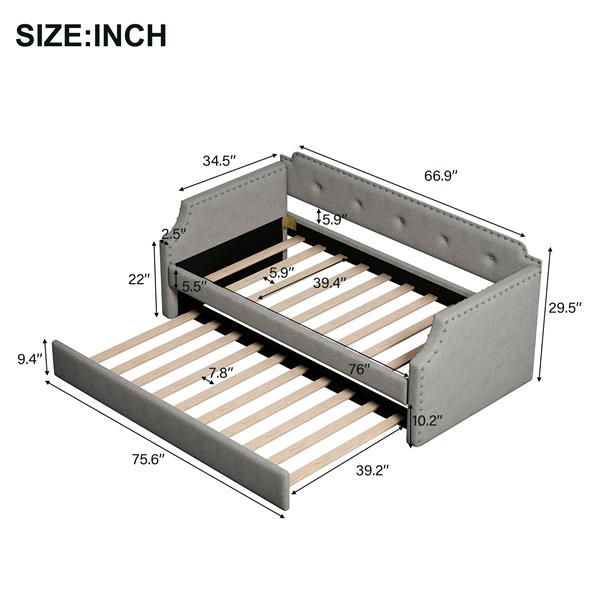 Upholstered Daybed with Trundle, Wood Slat Support,Upholstered Frame Sofa Bed , Twin,Gray