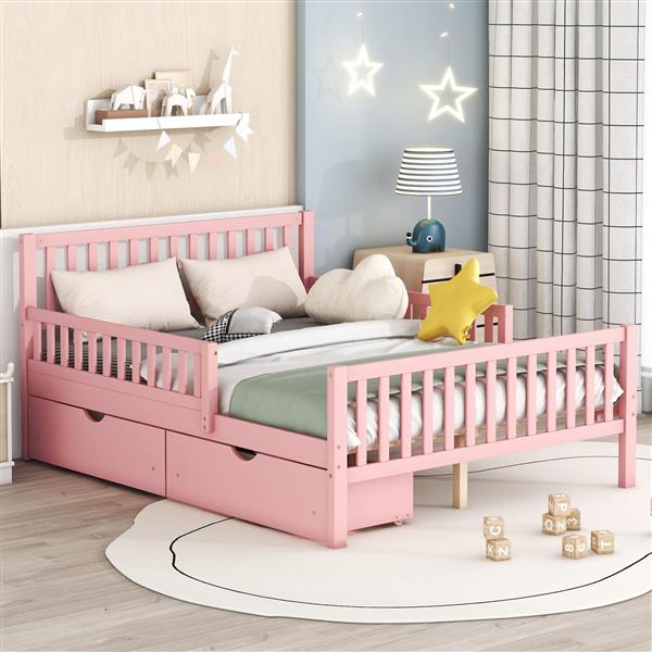 Full Size Wood Platform Bed with Guardrails on Both Sides and Two Storage Drawers ,Pink