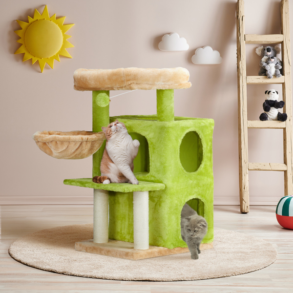 33 inch Cat Tree Cat Tower for Indoor Cats, Cat Activity Center Play House with Large Padded Perch, Hammock, 2-Tiered Condo, Scratching Posts & Dangling Ball, Yellow & Green