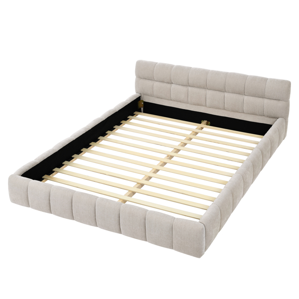 Queen Size Upholstered Bed Frame with Thick Fabric, Chenille Fabric Grounded Queen Size Platform Bed with Headboard and Solid Frame. No Box Spring Needed, Beige(68''*86.5''*23.5'')