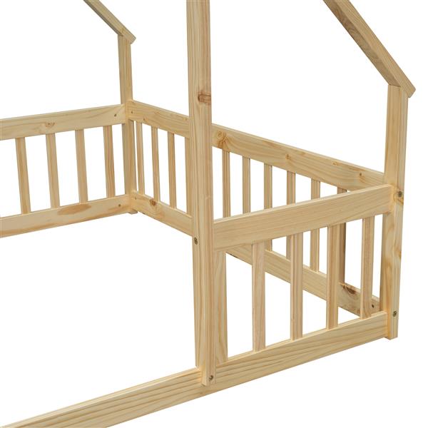 Full Wood House-Shaped Floor Bed with Fence, Guardrails,Natural