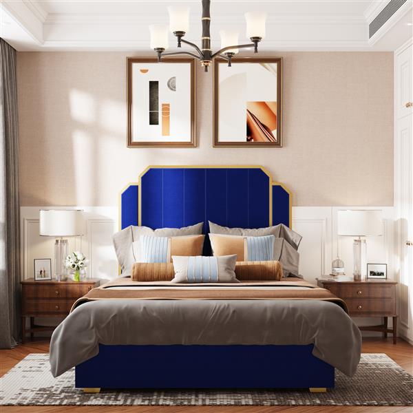 Queen Size Bed Frame and 59.06" Headboard, Upholstered Bed with lden Plating Trim, Modern Platform Bed No Box Spring Needed, Navy Blue Queen Bed