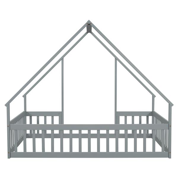 Full Wood House-Shaped Floor Bed with Fence, Guardrails,Grey