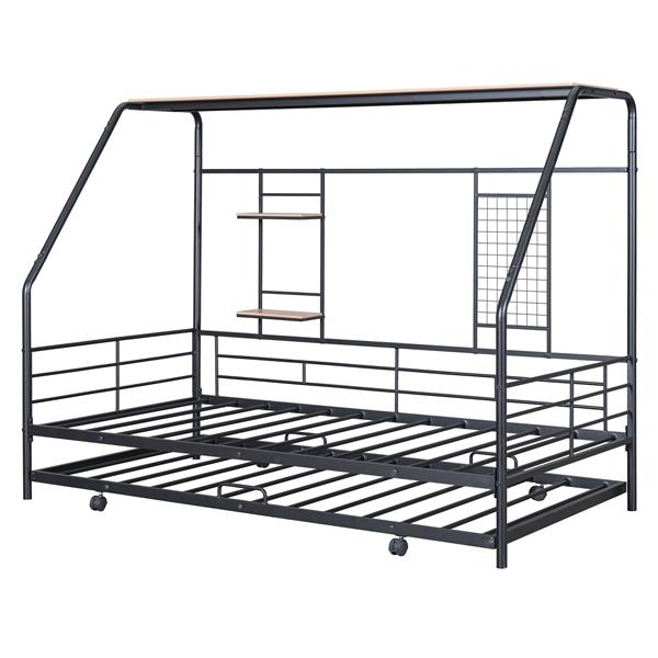 Twin Size Metal House Bed with Trundle, Black