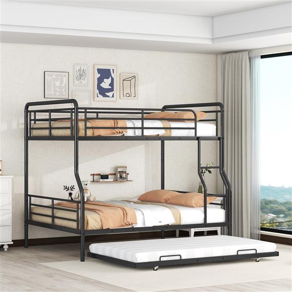 Full XL Over Queen Metal Bunk Bed with Twin Size Trundle, Black