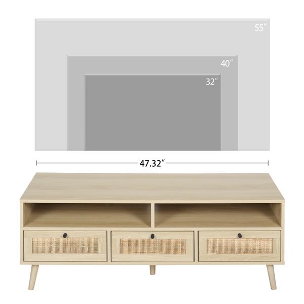 Rattan TV Stand with Solid Wood Feet, TV Console Table for Living Room, Natural