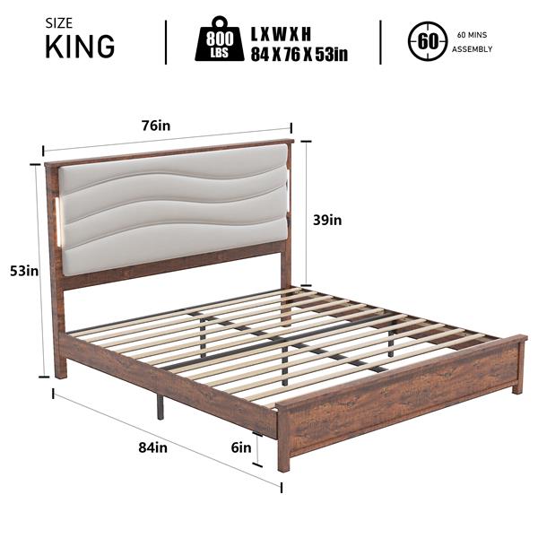 King Size Bed Frame with Upholstered Headboard, King Bed Frame with Charging Station and LED Lights, Wood Slats, Dark Gray Linen,  No Box Spring Needed, Easy Assembly