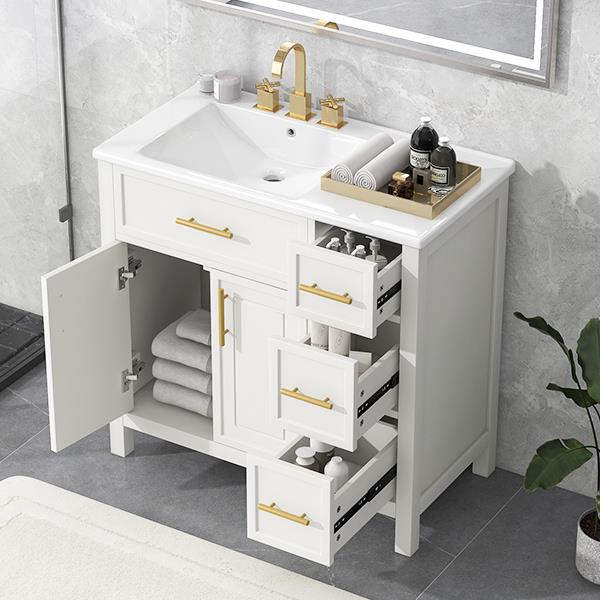 36" Bathroom Vanity with Sink Top, Bathroom Vanity Cabinet with Two Doors and Three Drawers, Solid Wood , MDF Boards ,One Package, Off White