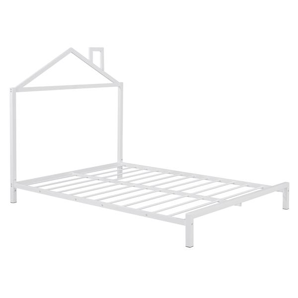 Full Size Metal Platform Bed with House-Shaped Headboard Design, White