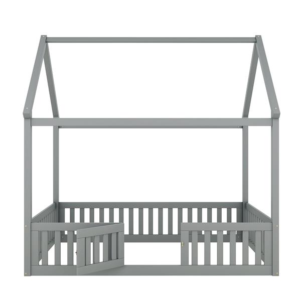 Full Size Wood House Bed with Fence and Door, Gray