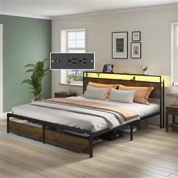 King Bed Frame with LED Lights and Charging Station - Robust Metal  Wood Construction, Rustic Wood Platform Bed Frame with 2 Drawers, No Box Spring Needed, Noise Free, Vintage Brown, Easy Assemble