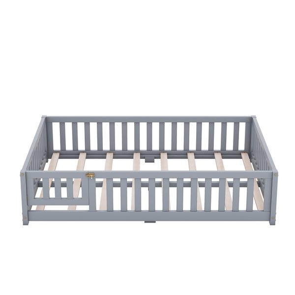 Full Size Bed Floor Bed with Safety Guardrails and Door for Kids, Gray