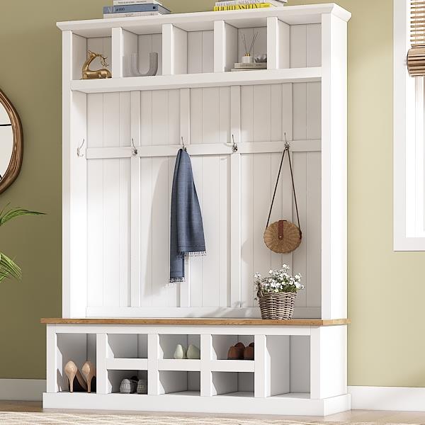 Farmhouse Wooden Style 78''H Modern Hall Tree with Wide Storage Seating Bench, Entryway Shoe Cabinet with 13 Compartments, Elegant Coat Rack with 6 Hooks for Mudroom, Living room, White