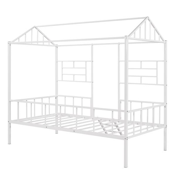 Metal House Bed Frame Twin Size with Slatted Support No Box Spring Needed White