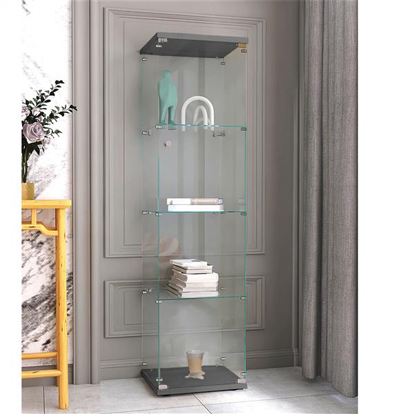 Lighted 4 Shelves Glass Cabinet Glass Display Cabinet with One Door, Black