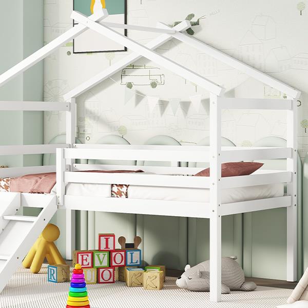 Twin Low Loft House Bed with Slide,  Ladder, Safety Guardrails, House Roof Frame,White