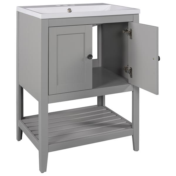 [VIDEO] 24" Grey Modern Sleek Bathroom Vanity Elegant Ceramic Sink with Solid Wood Frame Open Style Shelf