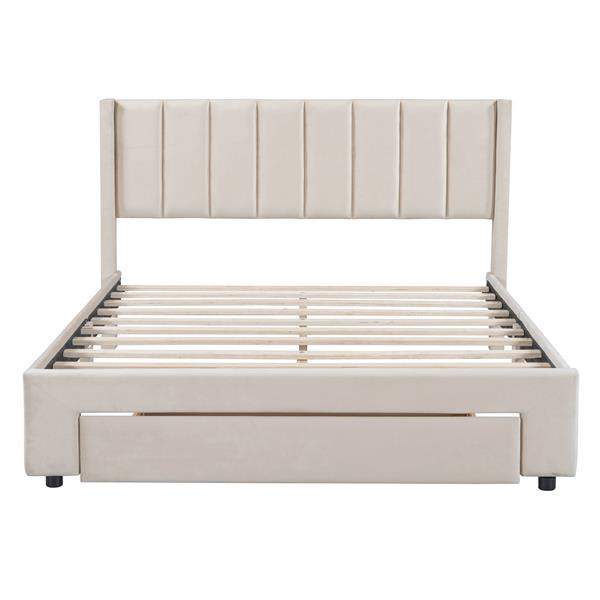 Full Size Storage Bed Velvet Upholstered Platform Bed with a Big Drawer - Beige