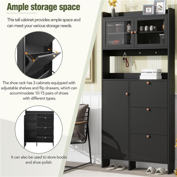 [VIDEO provided] Shoe Cabinet with Open Storage Space, Practical Hall Tree with 3 Flip Drawers, Multi-functional & Integrated Foyer Cabinet with Tempered Glass Doors for Hallway, Black